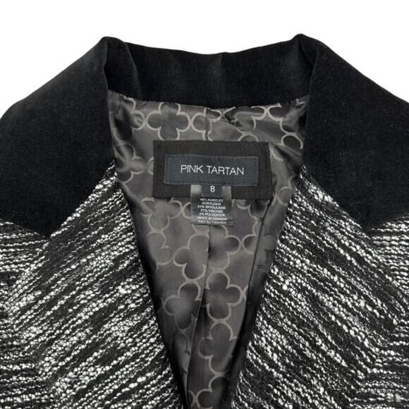 PINK TARTAN Wool Blend Black Velvet Trim 3 Button Blazer Jacket Sz 8 White Black - Picture 4 of 6